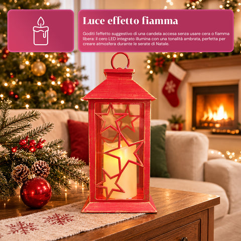 Czerwona świąteczna latarnia LED 30 cm, woskowa ze efektem płomienia, do zawieszenia lub postawienia, 14x14x30 cm, 2 dostępne dekoracje: gwiazdy lub płatki śniegu