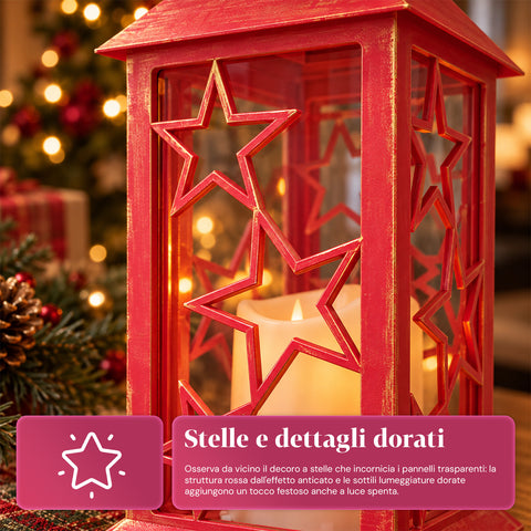 Czerwona świąteczna latarnia LED 30 cm, woskowa ze efektem płomienia, do zawieszenia lub postawienia, 14x14x30 cm, 2 dostępne dekoracje: gwiazdy lub płatki śniegu