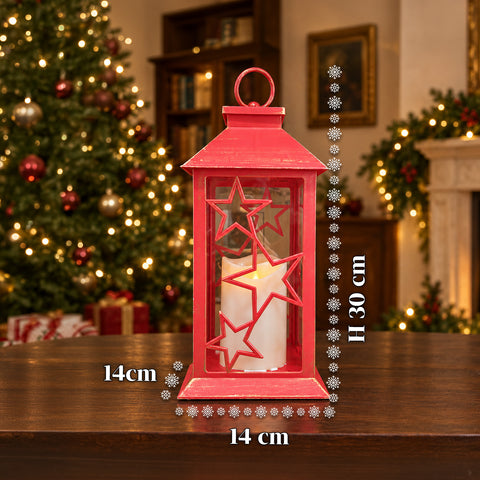 Czerwona świąteczna latarnia LED 30 cm, woskowa ze efektem płomienia, do zawieszenia lub postawienia, 14x14x30 cm, 2 dostępne dekoracje: gwiazdy lub płatki śniegu