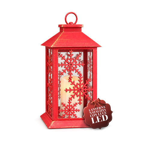Czerwona świąteczna latarnia LED 30 cm, woskowa ze efektem płomienia, do zawieszenia lub postawienia, 14x14x30 cm, 2 dostępne dekoracje: gwiazdy lub płatki śniegu