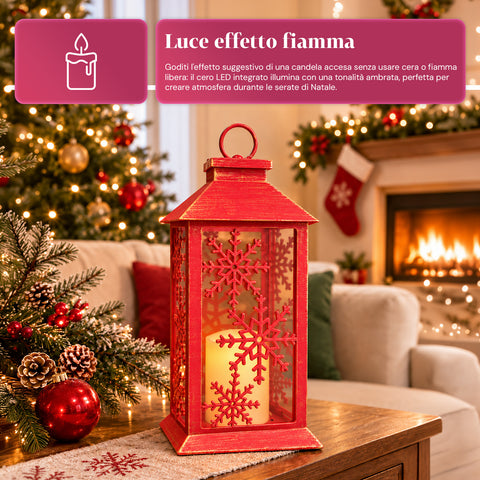 Czerwona świąteczna latarnia LED 30 cm, woskowa ze efektem płomienia, do zawieszenia lub postawienia, 14x14x30 cm, 2 dostępne dekoracje: gwiazdy lub płatki śniegu