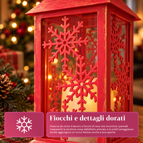 Czerwona świąteczna latarnia LED 30 cm, woskowa ze efektem płomienia, do zawieszenia lub postawienia, 14x14x30 cm, 2 dostępne dekoracje: gwiazdy lub płatki śniegu