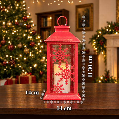 Czerwona świąteczna latarnia LED 30 cm, woskowa ze efektem płomienia, do zawieszenia lub postawienia, 14x14x30 cm, 2 dostępne dekoracje: gwiazdy lub płatki śniegu