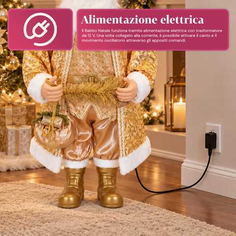 Tańczący Święty Mikołaj 130 cm z muzyką, złota bożonarodzeniowa figura tańcząca, śmiejąca się i śpiewająca, wiele trybów i utworów, podstawa do wypełnienia, zasilacz w zestawie