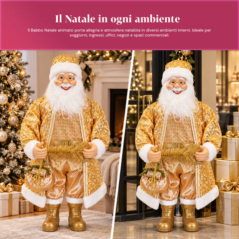 Tańczący Święty Mikołaj 130 cm z muzyką, złota bożonarodzeniowa figura tańcząca, śmiejąca się i śpiewająca, wiele trybów i utworów, podstawa do wypełnienia, zasilacz w zestawie