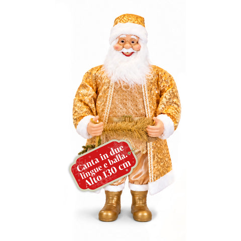 Tańczący Święty Mikołaj 130 cm z muzyką, złota bożonarodzeniowa figura tańcząca, śmiejąca się i śpiewająca, wiele trybów i utworów, podstawa do wypełnienia, zasilacz w zestawie