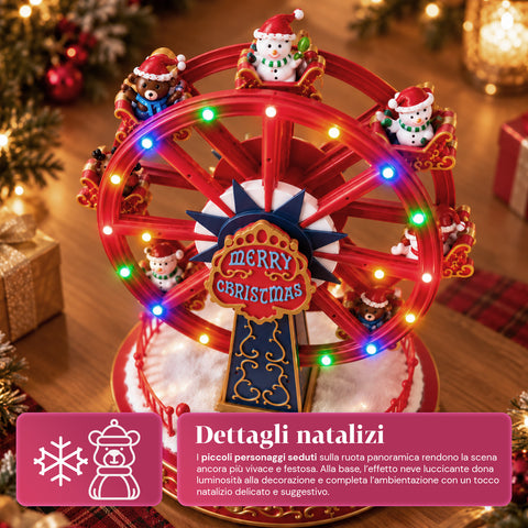 Świąteczny diabelski młyn z oświetleniem LED, muzyką i obrotowym ruchem, 2 kolory, animowana dekoracja bożonarodzeniowa, wysokość 26 cm, podstawa 22 cm, plastik