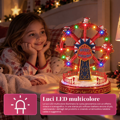 Świąteczny diabelski młyn z oświetleniem LED, muzyką i obrotowym ruchem, 2 kolory, animowana dekoracja bożonarodzeniowa, wysokość 26 cm, podstawa 22 cm, plastik