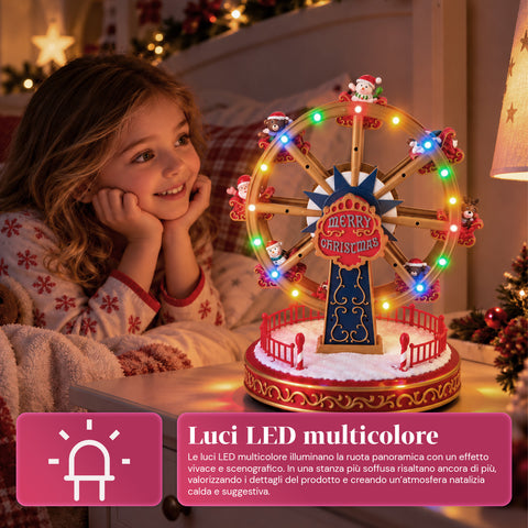 Świąteczny diabelski młyn z oświetleniem LED, muzyką i obrotowym ruchem, 2 kolory, animowana dekoracja bożonarodzeniowa, wysokość 26 cm, podstawa 22 cm, plastik