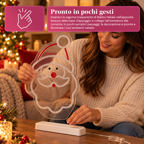 Świecący neonowy Mikołaj LED 25x40 cm, światło czerwone i białe