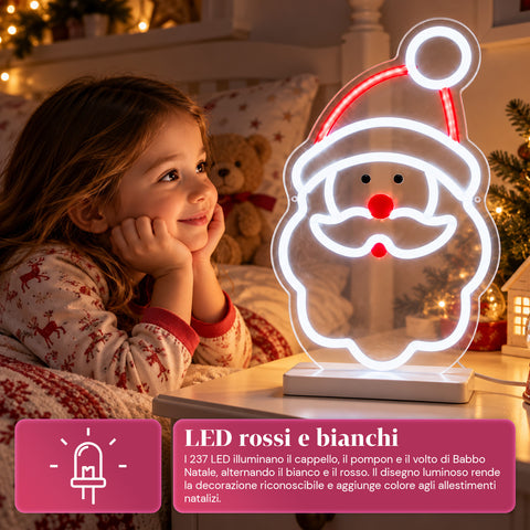 Świecący neonowy Mikołaj LED 25x40 cm, światło czerwone i białe