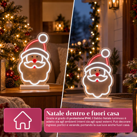 Świecący neonowy Mikołaj LED 25x40 cm, światło czerwone i białe