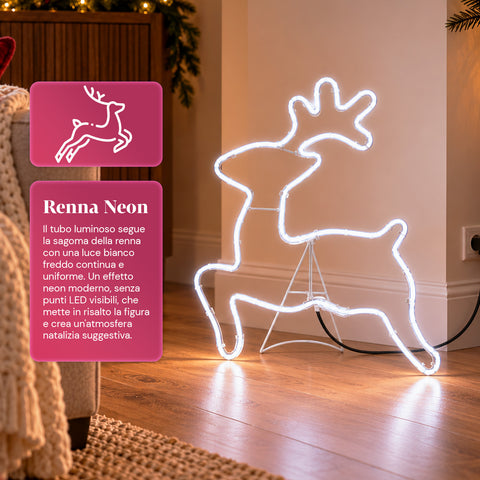 Świecący neonowy renifer LED 65x58 cm, zimna biel, do użytku wewnątrz i na zewnątrz