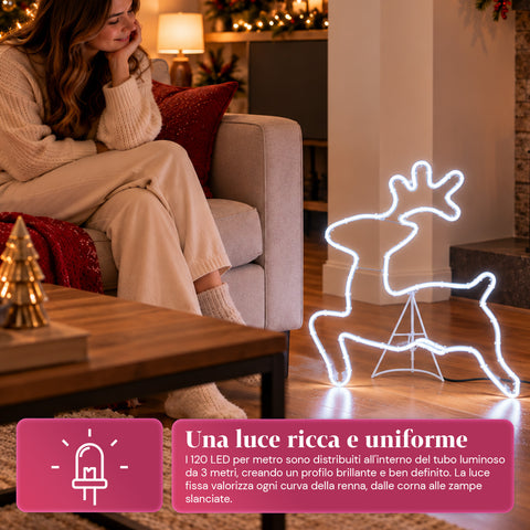 Świecący neonowy renifer LED 65x58 cm, zimna biel, do użytku wewnątrz i na zewnątrz