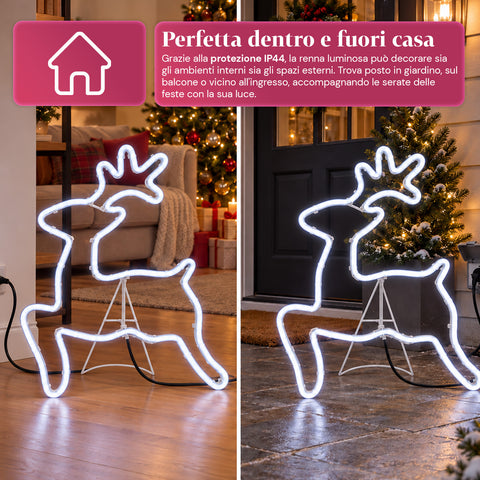 Świecący neonowy renifer LED 65x58 cm, zimna biel, do użytku wewnątrz i na zewnątrz