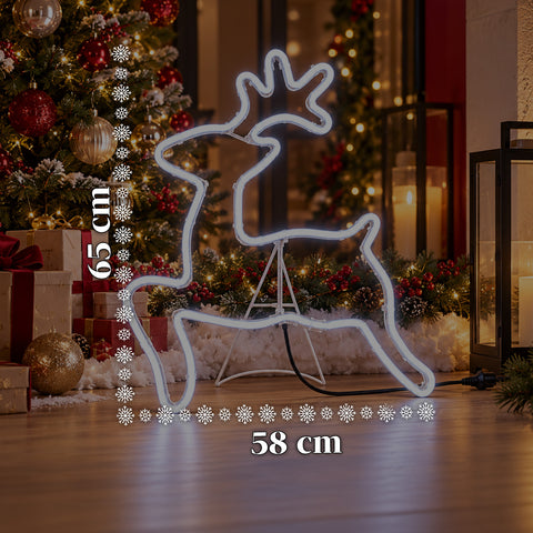 Świecący neonowy renifer LED 65x58 cm, zimna biel, do użytku wewnątrz i na zewnątrz