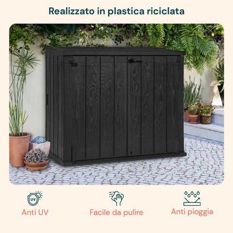 Baule da giardino in plastica riciclata resistente UV, anti-pioggia e facile da pulire, ideale per terrazze e giardini