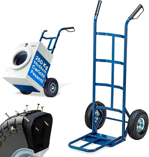 Carrello da carico in acciaio blu 250 kg con ruote pneumatiche per trasporto industriale e domestico Ean-8023755040727