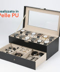 Organizer Porta Orologi e Gioielli in Pelle Nera con Coperchio in Vetro