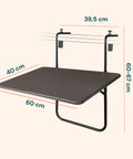 Dimensioni tecniche tavolino da balcone: 60x40cm di superficie, altezza regolabile, misure ottimizzate per spazi ridotti
