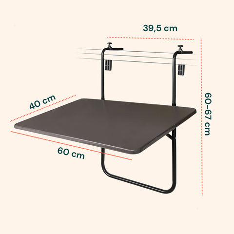 Dimensioni tecniche tavolino da balcone: 60x40cm di superficie, altezza regolabile, misure ottimizzate per spazi ridotti
