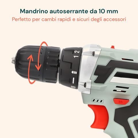 Trapano con design ergonomico e compatto, facile da manovrare anche per periodi prolungati con massimo comfort