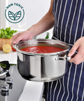 Cottura sicura pentola acciaio inox 18/10 non tossica salsa pomodoro cucina salutare italiana
