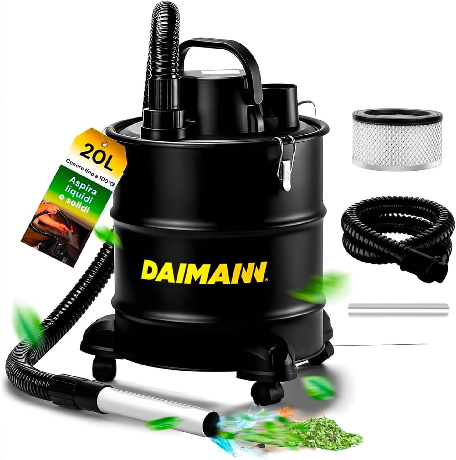 Daimann Aspiracenere 20L 800W con Filtro HEPA Lavabile, Ruote Piroettanti, Stufa Barbeque Camino e Tubo Flessibile in Acciaio Ignifugo Ean-8056590070093
