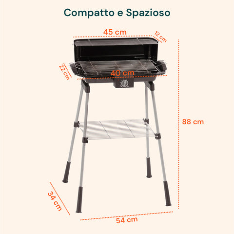 Barbecue Elettrico da Esterno 88x54 Cm con Griglia e Scaldavivande