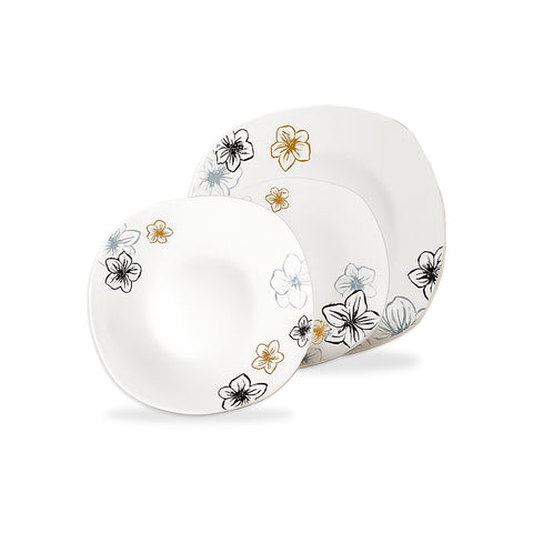 Servizio tavola Avilia piatti quadrati in porcellana bianca con decorazione floreale Narciso, design elegante e moderno per ogni tavola