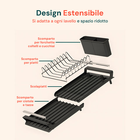 Design estensibile che si adatta a ogni lavello e spazio ridotto con scomparti modulabili per forchette, coltelli, cucchiai e piatti