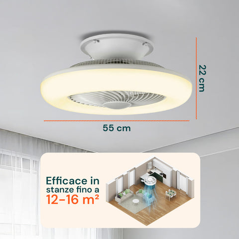 Ventilatore con dimensioni 55x22cm, efficace per stanze da 12 a 16 mq, design compatto e potente da soffitto
