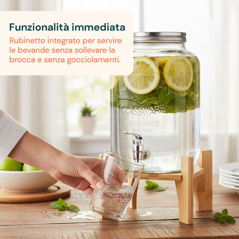Dispenser Bevande in Vetro 8L con Rubinetto in Alluminio