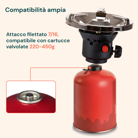Fornello Campeggio Con Accensione Piezo E Cartucce Valvola 7/16