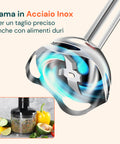 Lama in acciaio inox per taglio preciso anche con alimenti duri: verdure, peperoni, avocado e lime tritati perfettamente
