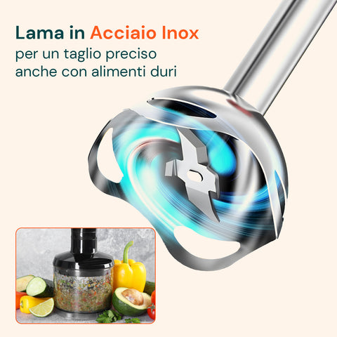 Lama in acciaio inox per taglio preciso anche con alimenti duri: verdure, peperoni, avocado e lime tritati perfettamente