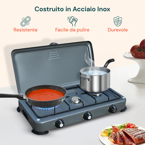 Fornello da Campeggio 3 Fuochi con Bruciatori Inox e Accensione Manuale