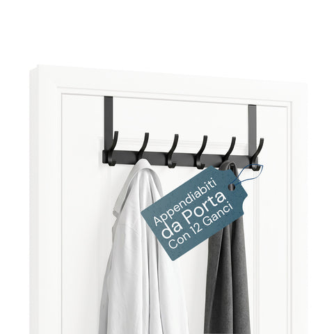 Appendiabiti da Porta in Alluminio con 12 Ganci, Portata 10kg –  Adatto Per Porte Spesse da 4,1-4,5 cm
