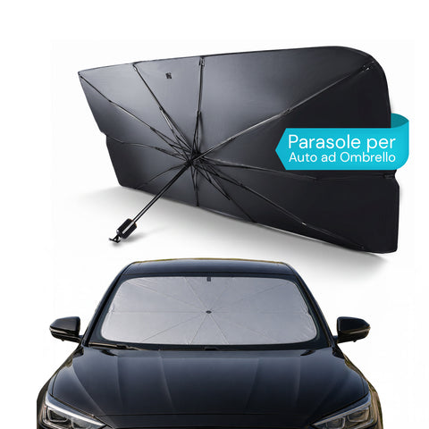 Samochodowa osłona przeciwsłoneczna w formie parasola – uniwersalna ochrona przed promieniami UV – wymiary 140 × 80 cm – konstrukcja z 10 metalowymi drutami i tkaniną 170T – składana, z pokrowcem oszczędzającym miejsce – chłodzi wnętrze