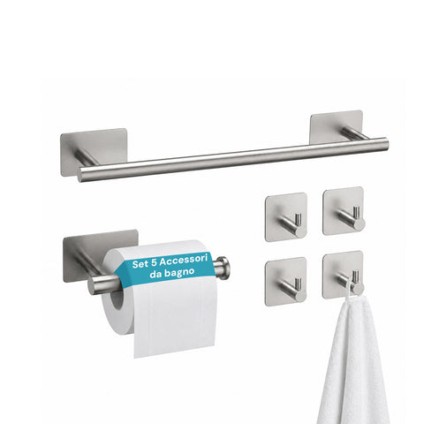 Set 5 Accessori Bagno Adesivi Nero in Acciaio Inox Portata 2,5kg  - Completo di Porta Rotolo e Ganci per Asciugamani