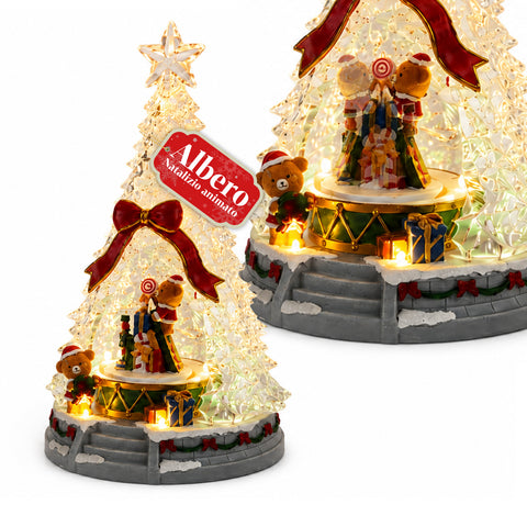 Podświetlana choinka JoyTree z muzyką i animacją 360°, światłami LED, scenką z misiami i dziadkami do orzechów, podwójnym zasilaniem USB, 32,5 cm