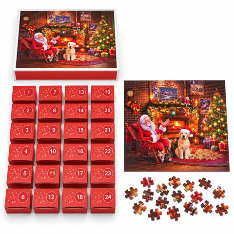 Kalendarz adwentowy z puzzlami 1008 elementów do ułożenia w 24 dni, świąteczna scena ze Świętym Mikołajem i psem, końcowy obrazek 70x50 cm
