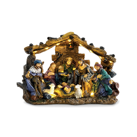 Szopka bożonarodzeniowa HolyGlow z polirezyny z oświetleniem LED i przełącznikiem ON/OFF, rustykalna stajenka i stabilna podstawa, 23x11,5x17 cm