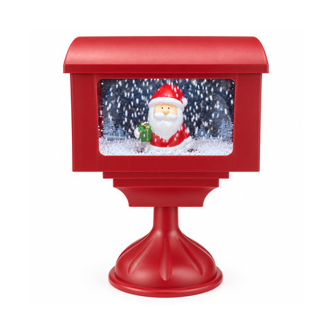 Dekoracyjna latarnia bożonarodzeniowa w kształcie skrzynki na listy z efektem śniegu, oświetleniem LED i muzyką, 2 warianty: Święty Mikołaj lub Miś, wysokość 41 cm, na baterie