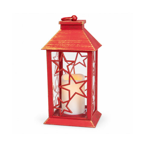 Czerwona świąteczna latarnia LED 30 cm, woskowa ze efektem płomienia, do zawieszenia lub postawienia, 14x14x30 cm, 2 dostępne dekoracje: gwiazdy lub płatki śniegu