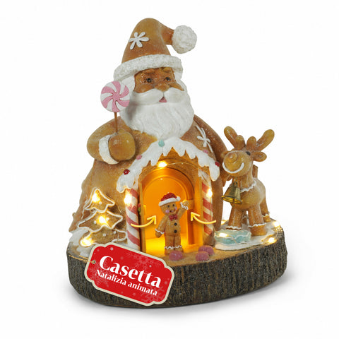 Santa Ginger - świąteczna dekoracja z Mikołajem z piernika Santa Ginger, ze światłami LED, muzyką i otwieranymi drzwiami, podświetlany domek z żywicy 20,6 cm