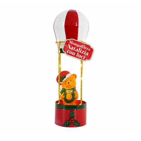 Teddy SkyFloat - Świecący metalowy balon bożonarodzeniowy z misiem, lampkami LED i złotymi linami na baterie, wysokość 37 cm, z girlandą i ostrokrzewem