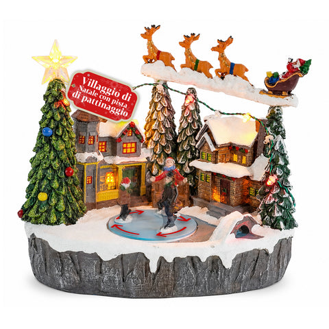 Oświetlana wioska bożonarodzeniowa Snowtime z animowanym lodowiskiem, światłami LED i muzyką, saniami Świętego Mikołaja, z polirezyny 21,5x15,8x22,5 cm
