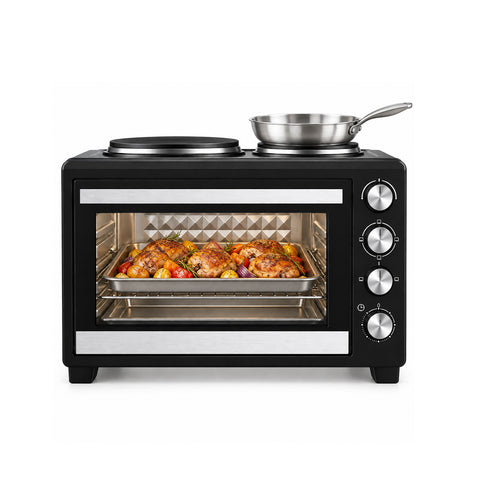Piekarnik elektryczny 40 l z podwójną płytą grzejną, grillem, 5 trybami pieczenia, timerem 120 minut, temperaturą 100-250°C i podwójnymi szklanymi drzwiami