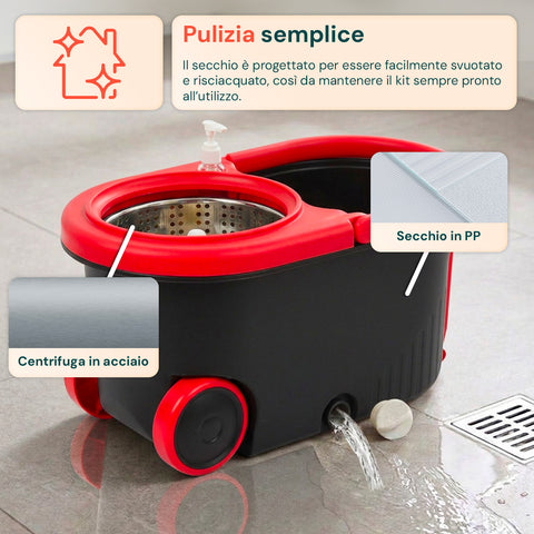 avilia home kit mocio rotante 360 con secchio 14l 46x27x22cm e centrifuga in acciaio include 2 testine in microfibra dosatore sapone e asta telescopica set lavapavimenti universale con ruote e scarico ean 8052879013140